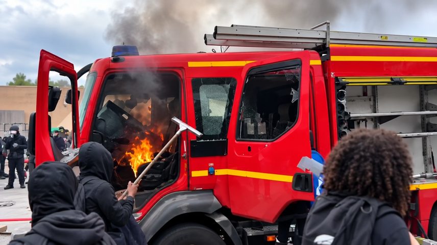 Lángoló tűzoltóautó, francia iskolai zavargások