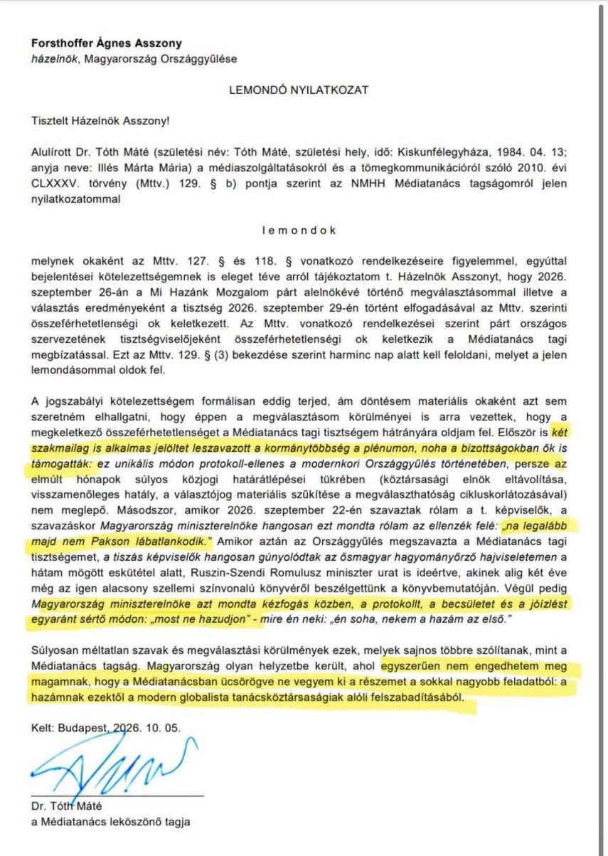 Tóth Máté (energiajogász) lemondó nyilatkozata a Médiatanács-tagságáról